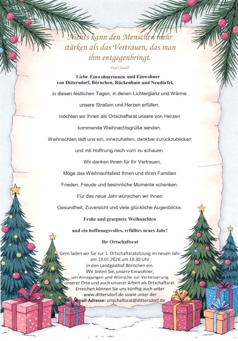 Weihnachtsgruß des Dittersdorfer Ortschaftsrates