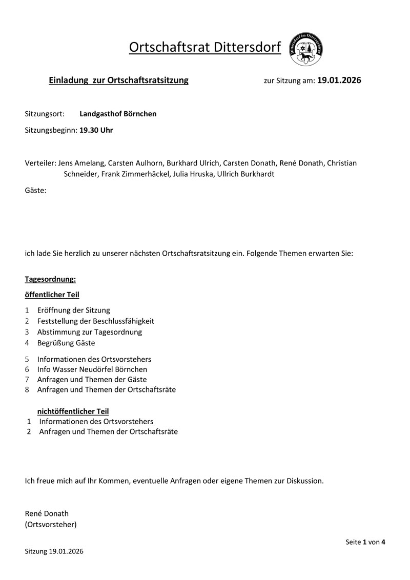 Einladung zur Ortschaftsratssitzung in Dittersdorf